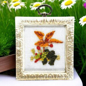 Frog Crewel Framed Art Floral Picture Toad Miniature 4.5" Eclectic Kitsch Decor